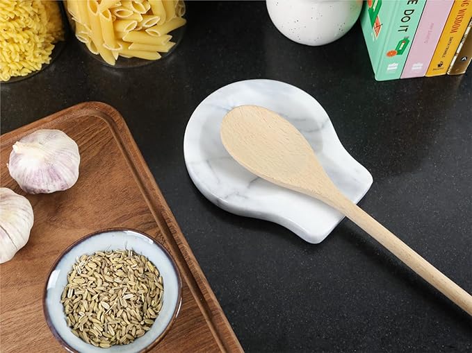 Marble Spoon Rest for Kitchen Counter, Stove Top, Spatula, Tongs Holder with Non-Slip Silicone Feet, 1 Pack + Small Glass Bowls with Lids, Set of 6, Food Leftover Containers, 6.8 Ounces