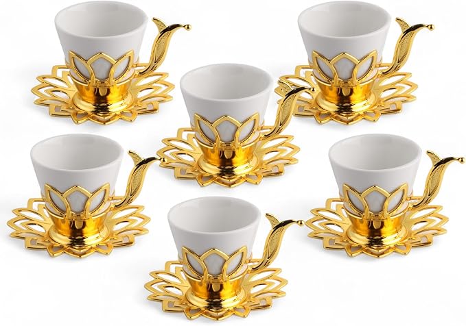 Alisveristime (Set of 6) Turkish Coffee Set with Porcelain Cups, Zamac Holders & Saucers – 80ml Capacity, Ottoman Motif, 4 Color Options (Gold)