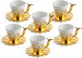 Alisveristime (Set of 6) Turkish Coffee Set with Porcelain Cups, Zamac Holders & Saucers – 80ml Capacity, Ottoman Motif, 4 Color Options (Gold)