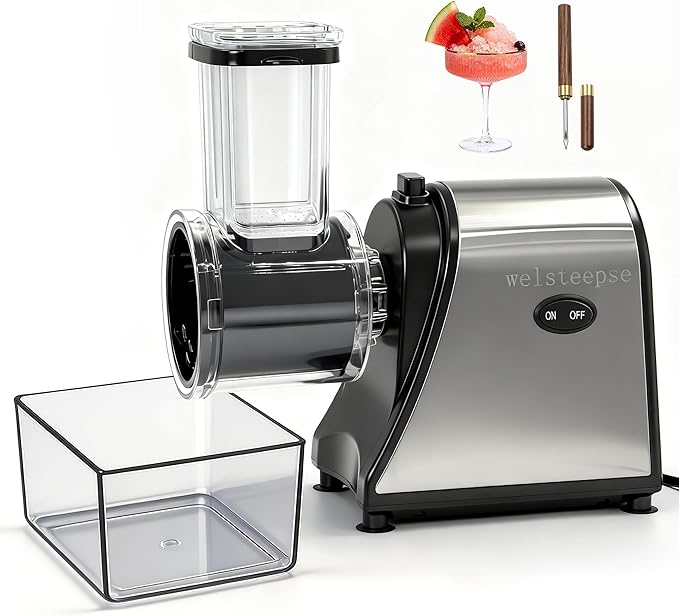 Snow Cone Machine & Shaved Ice Machine, Crushed Ice Maker in Stainless Steel Metal Design with Ice Pick & Tray – Powerful Motor, Sharp Blades, Fast Ice Shaving for Home, Parties
