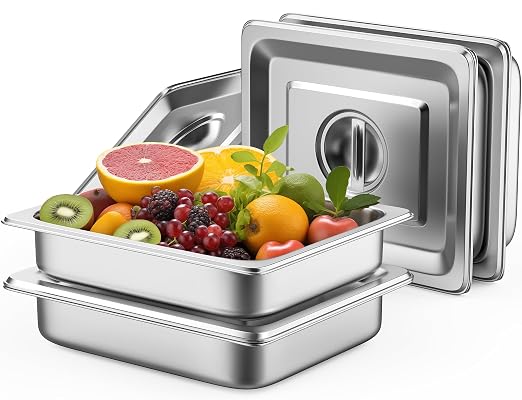 ZeroPone 4 Pack Hotel Pans with Lids, 1/2 Size 2.5" Deep Stainless Steel Steam Table Pans 22 Gauge Anti Jam 12.8" L x 10.4" W Commercial Food Storage Containers Metal Pan