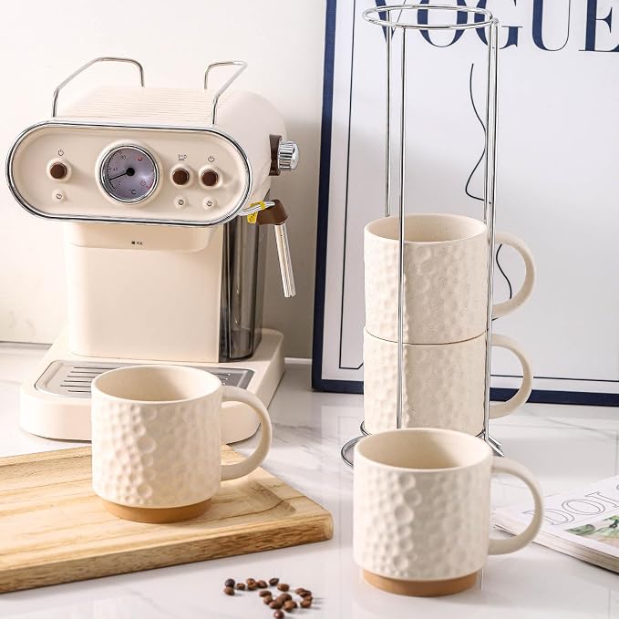 Nihow 16 OZ Ceramic Coffee Mug with Stackable Stand,Set of 4,White | Stackable, Stainless Stand Included, Cappuccino & Tea, Hot/Cold Drinks, Dishwasher & Microwave Safe