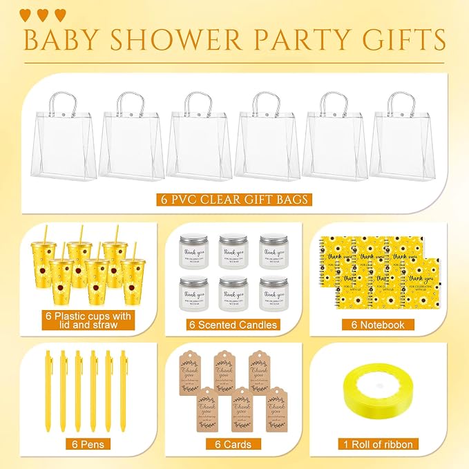 Nuogo 6 Sets New Parent Shower Prizes for Player Winners Adult, Wedding Bridal Shower Gift, Plastic Tumbler Notebook Scented Candle Ballpoint Pen Bag (Yellow Color,Sunflower Style)