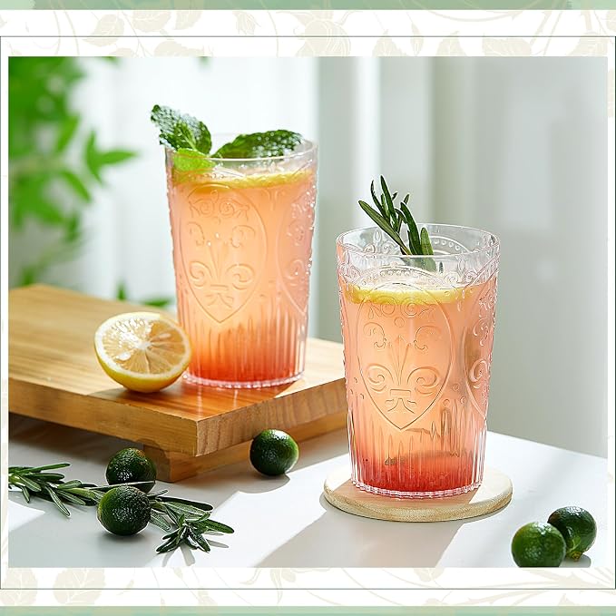 24 Pcs 16 oz Plastic Vintage Drinking Glasses Stemless Ribbed Highball Glasses Bulk Embossed Reusable Cup for Water Beer Cocktails Juice Wedding Bridal Shower Birthday Event Party (Pink)