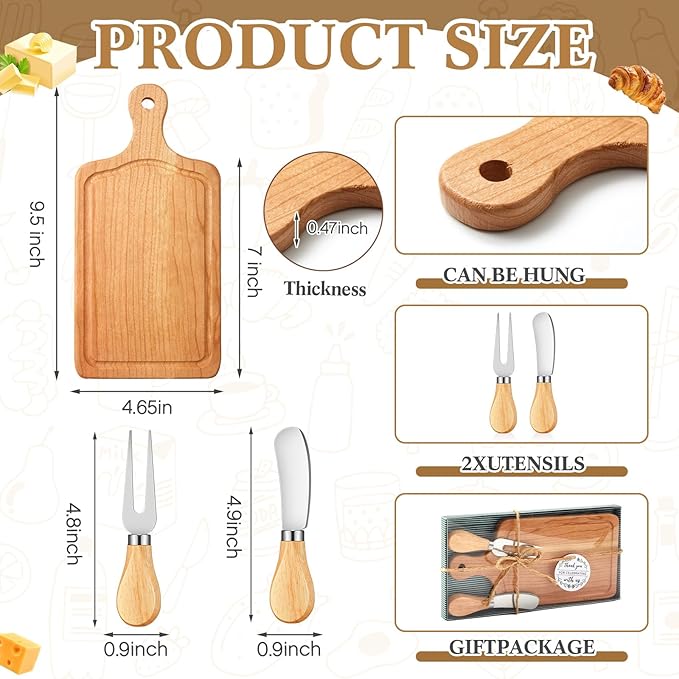 Ziliny 1 Set Bridal Baby Shower Cheese Prizes Wooden Square Board Gift Set Knives Forks Thank You Tags with Box for Guests for Valentines Bridal Baby Shower Housewarming (Cherry Wood)