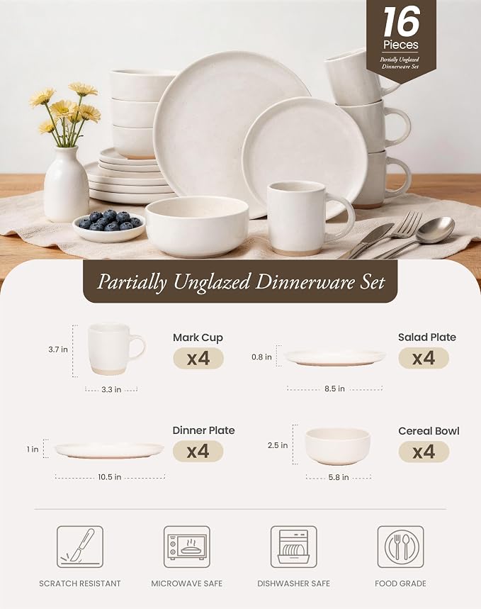 OTAGO 16-Piece Stoneware Dinnerware Set for 4 with Mugs, Plates and Bowls Sets with Partially Unglazed Base, Scratch Resistant Ceramic Dish Set, Microwave & Dishwasher Safe for Kitchen,White