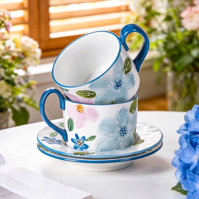 KAMMAK Tea Cups and Saucers Set of 2, Porcelain Coffee Cups, 8.5-Ounce Stackable Espresso Mugs, Ceramic Demitasse for Coffee, Latte, Americano, GX19