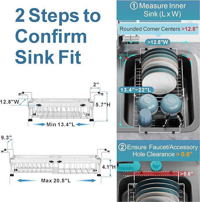 GSlife Over Sink Dish Drying Rack - Large Expandable Stainless Steel in Sink Dish Drainer with Square Corners, Rust Resistant with Lock Knob, Heavy Duty Fit for Modern Single & Double Sinks, Black