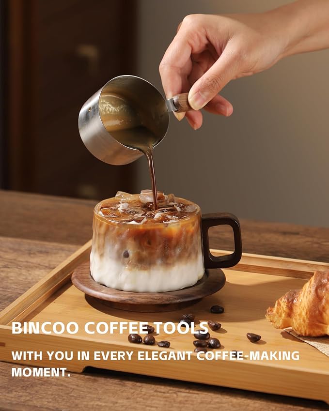 Bincoo Japanese Style Glass Coffee Cups with Walnut Wood Saucer, 7.8oz/230ML Borosilicate Glass Mugs with Handles, Elegant Gift Set for Coffee Lovers, Clear