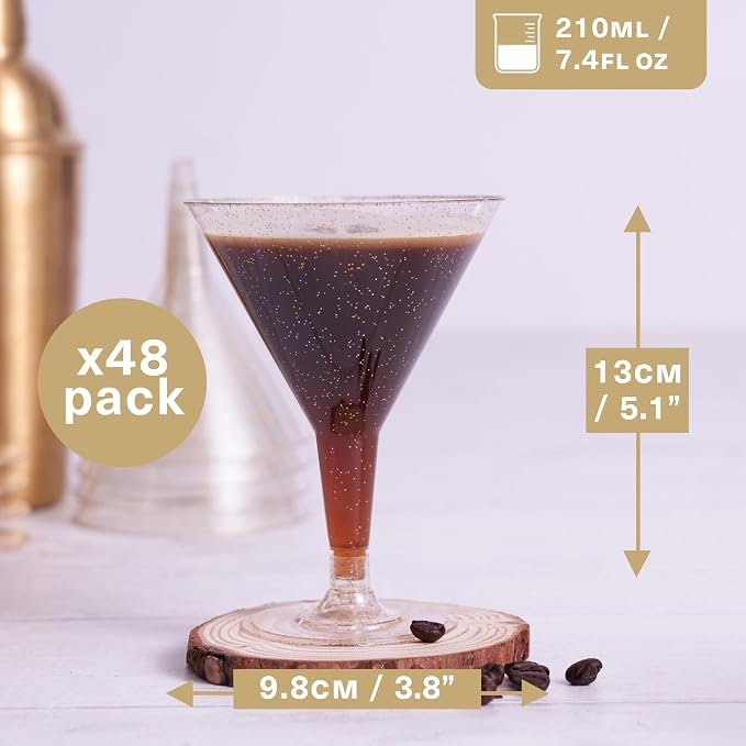 MATANA 48 Glitter Gold Plastic Martini Cocktail Glasses 7 oz - Elegant & Reusable - Manhattan, Margarita, Cosmopolitan, Desserts - Weddings, Birthdays, Parties