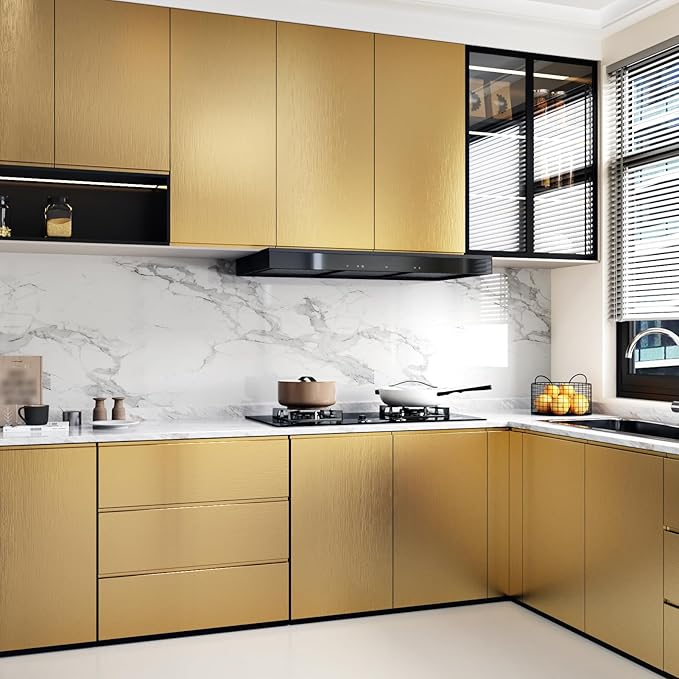 WESTICK Gold Textured Stainless Steel Contact Paper Waterproof Metallic Gold Wallpaper Peel and Stick Countertops Vinyl Refrigerator Wrap Contact Paper for Kitchen Cabinets Drawers Fridge 12"x80"