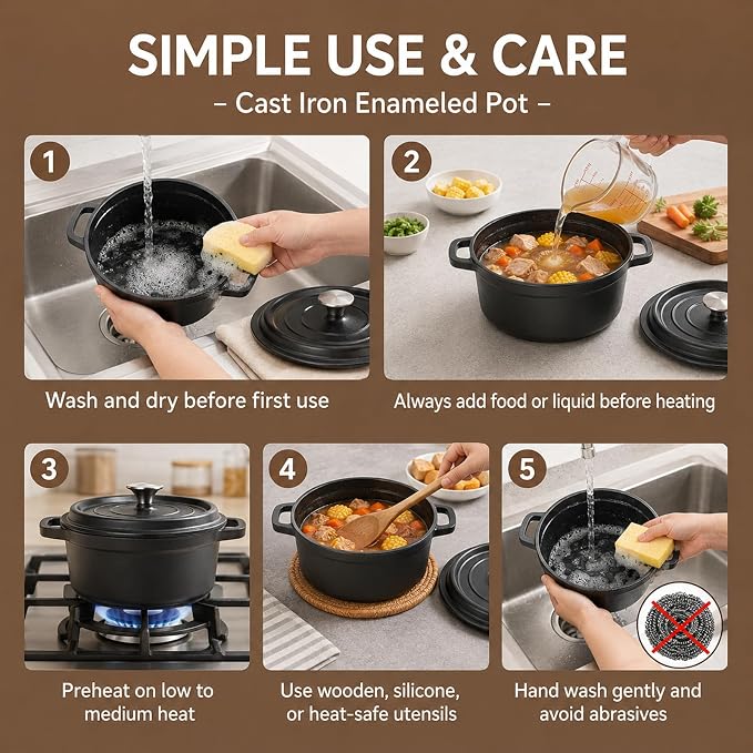 Enameled Cast Iron Dutch Oven with Lid, 3.3 QT Round Dutch Oven Pot, Matte Black Small Dutch Oven for Soup, Stew, Braising & Baking, Oven Safe to 500°F, Works on Induction, Gas & Electric