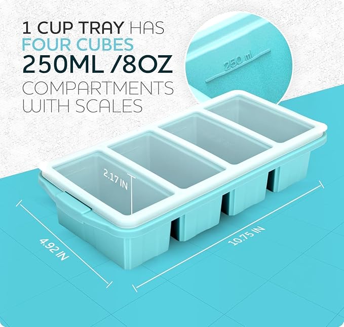 Xomoo Silicone Freezer Tray With Lid - Soup Freezer Container molds - Large Ice Cube Tray- makes 8 perfect 1-Cup & 2-Cup Ice cube Molds Food Soups Storage Containers - Oven & Dishwasher -Safe
