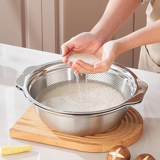 Colander for Kitchen Stainless Steel, 4QT Rice Strainer Bowl with Handle for Washing Pasta, Spaghetti, Vegetables, Fruit, Durable Use, Dishwasher Safe(2PC)