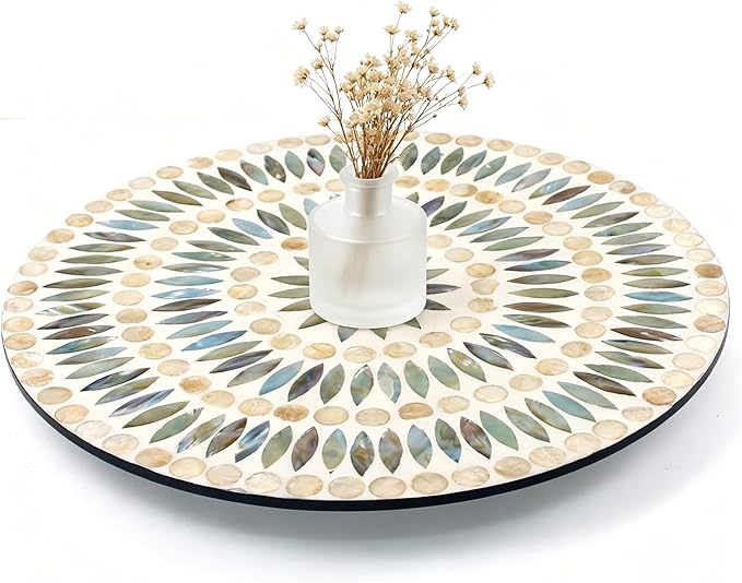 13.4" Mother of Pearl Lazy Susan, Table Centerpiece Round Shell Decorative Lazy Susan Turntable Rotating Tray Organizer for Cabinet Counter Gift Kitchen Office Cafe Home Decor (Dot Blue)