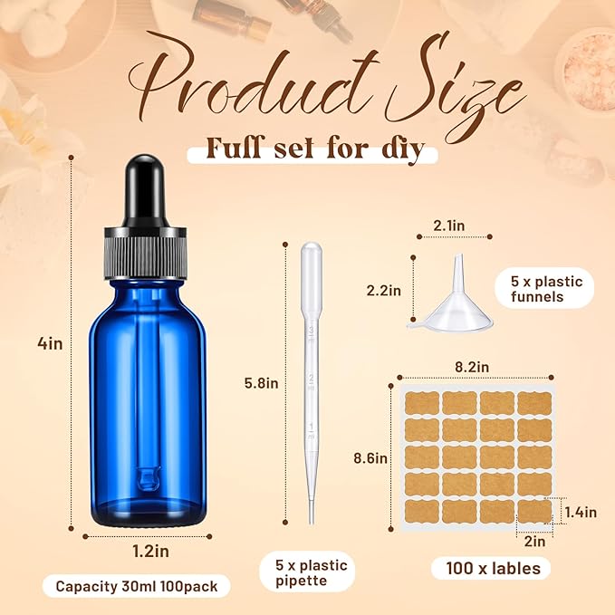Lallisa 100 Pack Essential Oil Dropper Bottle 30 ml (1 Oz) Glass Dropper Bottles DIY for DIY Essential Oil Perfume with 5 Funnels 5 Pipettes 3ml 100 Labels for Bathrooms, Hotels, Labs (Blue)