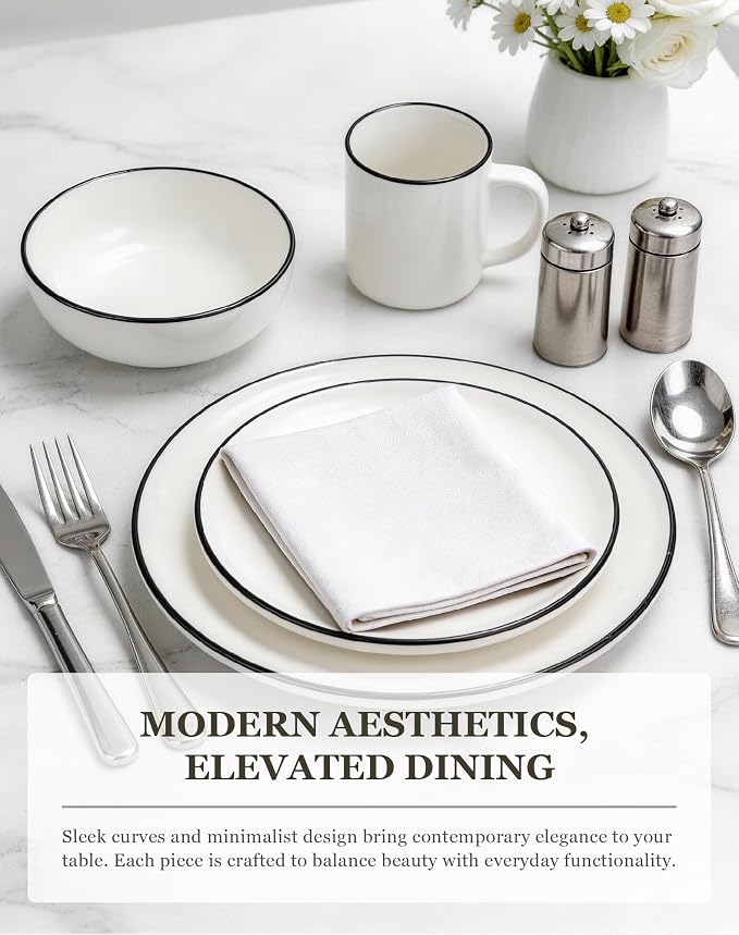 OTAGO 16-Piece Porcelain Dinnerware Set for 4 with Mugs, White Stoneware Plates and Bowls Sets, Ceramic Dish Set for Kitchen, Dinner & Dining, Black Rim, Microwave & Dishwasher Safe