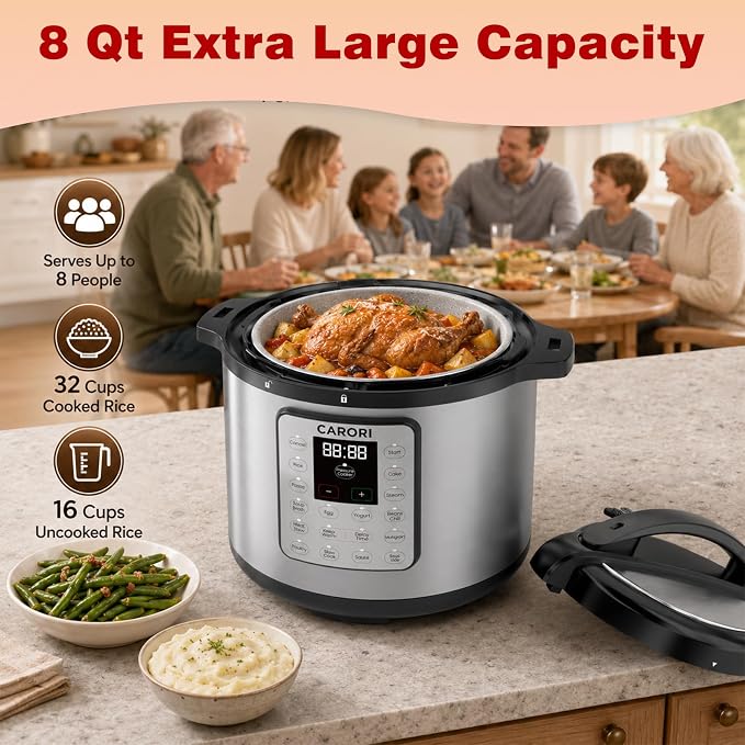 Silver 8 Quart Pressure Cooker, 1200W Multi-Function Cooker with Sauté, Steam, Yogurt & Sterilize Functions Dishwasher Safe & Secure Venting.