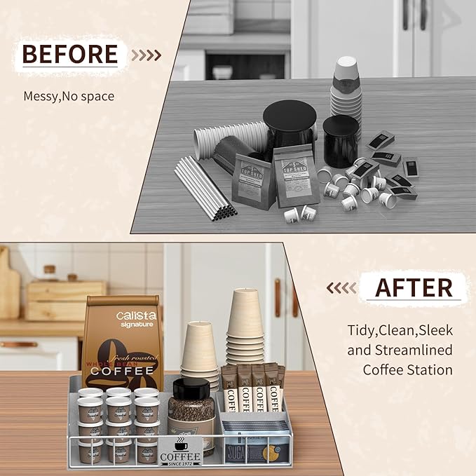 Coffee Station Organizer with 4 Compartments, K Cup Holder Storage Basket for Coffee Pods, Cups, Condiments, Sturdy Countertop Organizer for Kitchen Office Desktop Coffee Bar Accessories Metal Silver