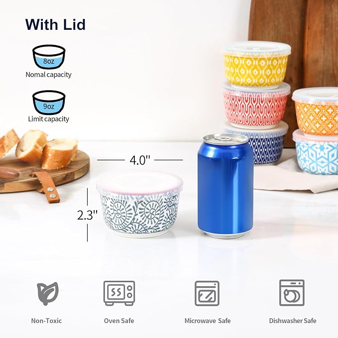Selamica Ramekins with Lids, 8 oz Oven Safe Creme Brulee Ramekins with Covers, Souffle Dishes Pudding Custard Cups, Stackable Ceramic Small Ramekin Bowls Set for Baking, Dipping, Ice Cream, Set of 6, Assorted Colors