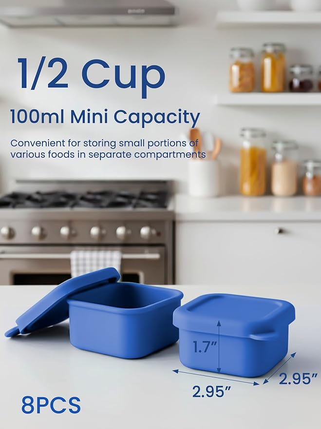 8 Pcs 1/2 Cup Silicone Freezer Molds With Lid, Silicone Freezer Trays for Sauce and Food Storage, 1.7x2.95x2.95'' Ice Cubes Molds, Small Portion Containers for Nuts, Snacks, Dessert (Blue)