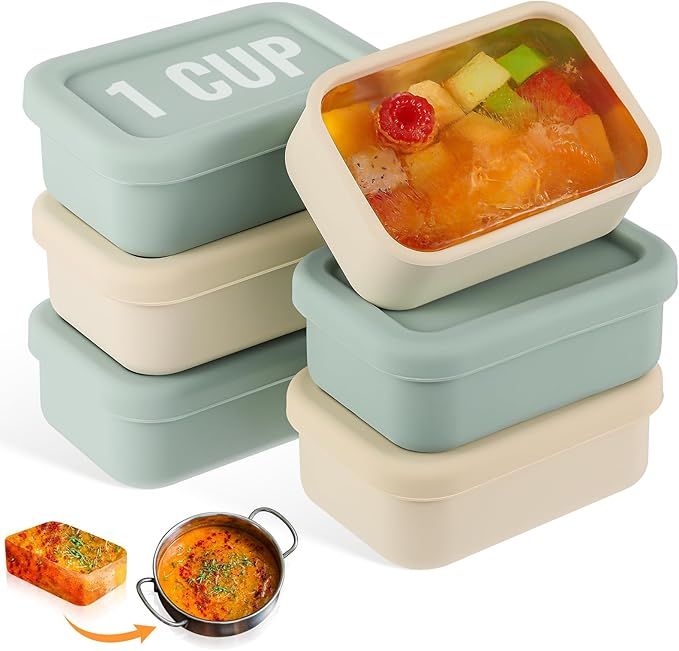Teenyyou 6 Packs 1 Cup Silicone Soup Freezer Molds with Lid Silicone Soup Freezer Trays Rectangle Reusable Food Preserving Tray Freezing Sauces Stews(Sage Green, Beige)