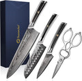 Sunnecko Damascus Kitchen Knife Set 4 Piece, Sharp Chef Knife Set with Kitchen Scissors, Professional Kitchen Knives Sets Full Tang with Gift Box