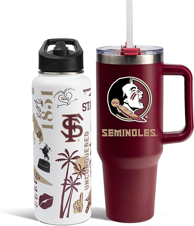 The Memory Company Officially Licensed NCAA 2-Pack Stainless Steel Tumbler Set, 34oz Team Spirit Water Bottle & 40oz Game Day Tumbler with Lid and Straw, BPA-Free Materials, Convenient Straw Design
