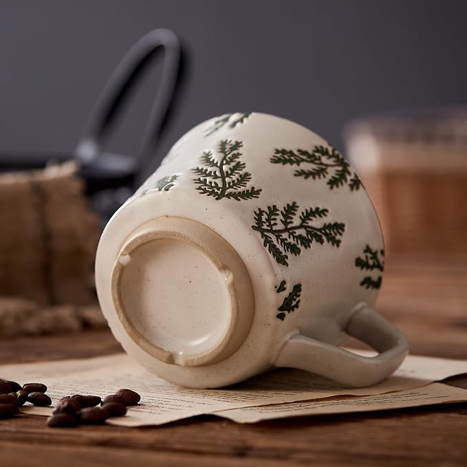 12 oz Vintage Ceramic Coffee Mug Set of 4 - Handmade Stoneware Pottery Countryside Farmhouse Fall Autumn Tea Mugs with Big Handle for Latte,Cocoa,Dishwasher & Microwave Safe Cups (Plants)