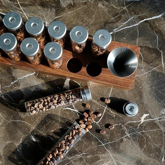 watchget 12-Piece Single Dose Coffee Bean Storage Tubes Coffee Storage Container with One-Way Exhaust Valve, Glass Vials with Walnut Wood Base And Funnel