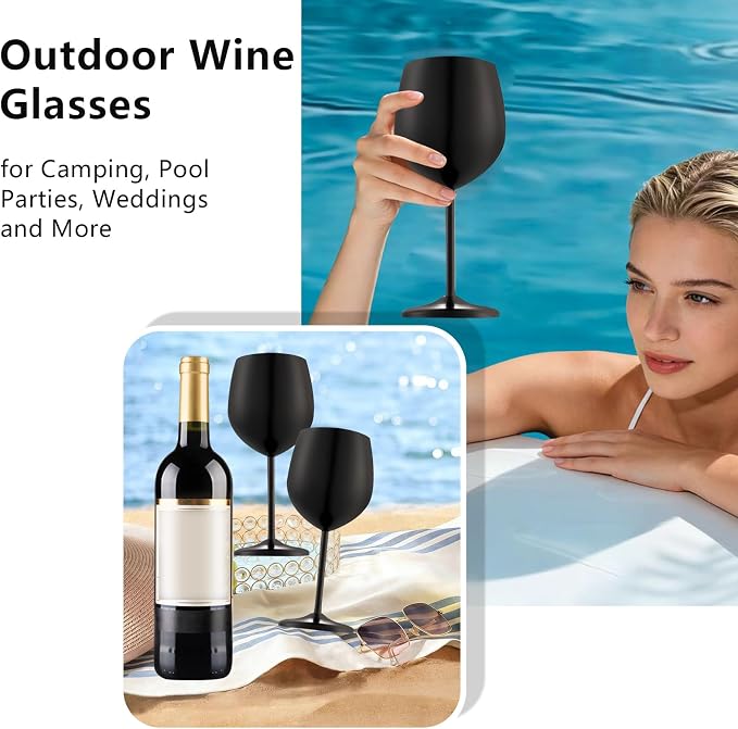 UNISWEET Stainless Steel Wine Glasses Set of 6 with 1 Corkscrew Matte Black | 17 oz Unbreakable Metal Wine Goblets, Reusable & Sturdy, Ideal for Outdoor, Travel, Camping, Pool, Gift for Wine Lovers