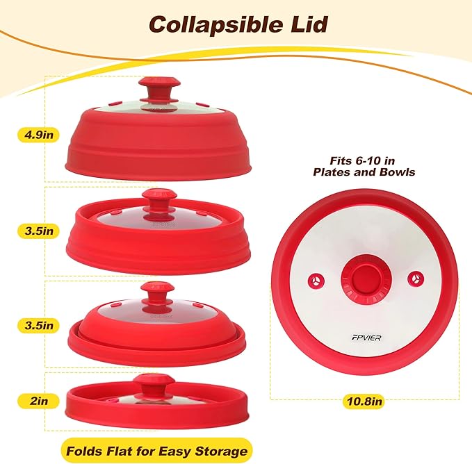 Microwave Splatter cover, Glass Microwave Cover for Food, 10.8 inch Guard Lid with Collapsible Silicone for 6-10 inch Plates & Bowls, Dishwasher Safe, 450°F Heat Resistant, BPA-Free, Red