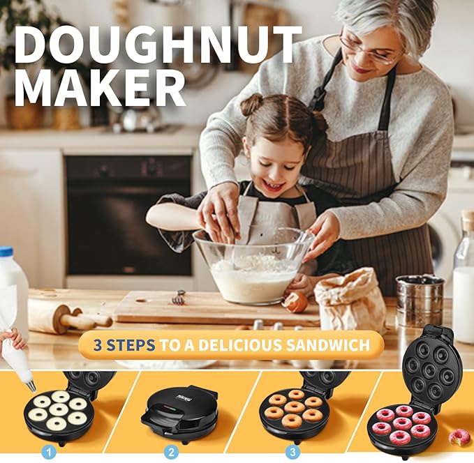 DSP Mini Donut Maker - Non-Stick, 7 Donuts, Cool-Touch | Quick 3-Min Baking, Indicator Lights, Easy Wipe-Clean, Breakfast/Snacks/Desserts, Black