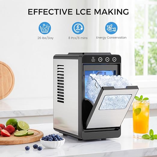 COWSAR Ice Maker Countertop, Portable Ice Machine Countertop with Self-Cleaning, 8 Cubes in 6 Mins, 26 lbs/24Hrs, Quiet Commercial Compact Ice Machine for Home, Camping, Bar, Sliver