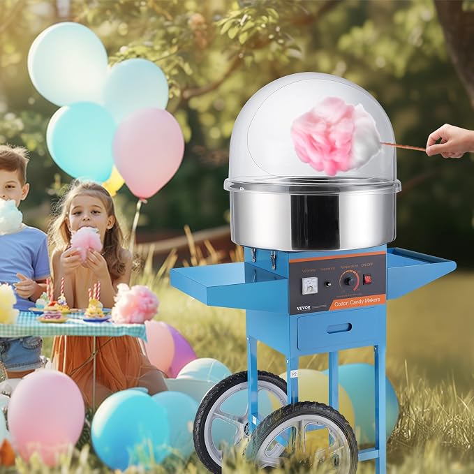 VEVOR Electric Cotton Candy Machine Cart with Cover, 1000W Commercial Floss Maker w/Stainless Steel Bowl, Sugar Scoop and Drawer, Perfect for Home, Carnival, Kids Birthday, Family Party, Blue