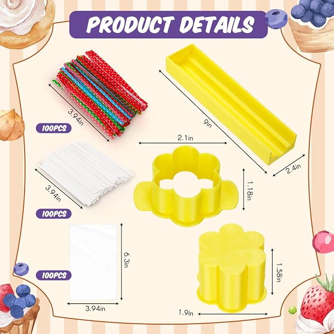 Flower Cutter, Flower Mold Set with 9in Tray, Cake Pop Mold with 100 Sticks, 100 Bags and 100 Ribbons, Baking Tools for Baby Shower Home Birthday Parties Wedding Desserts
