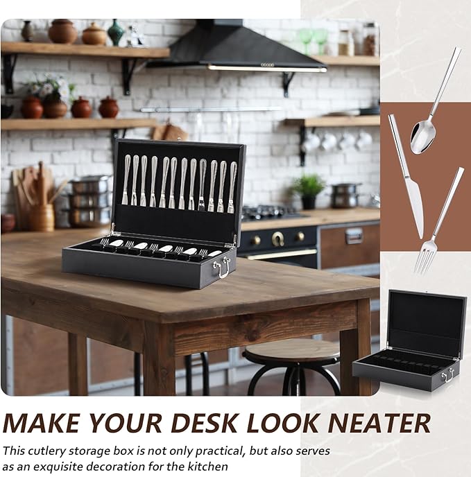 DoubleFill 1 Layer Leather Silverware Storage Box with Lid and Handles, Anti Tarnish Silverware Storage Chest Case with Felt-lined for 12 Sets of Utensils Flatware Gifts, 15.3x11.2x3.6 Inch