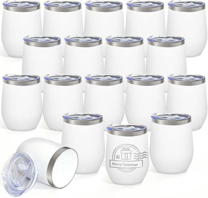 YOUKE OLA 18 Pack Stainless Steel Powder Coated Wine Tumbler with Ceramic Lining, Double-Wall Vacuum Insulated Travel Coffee Mug with Lids for Laser Engrave, DIY Gift, 12oz White