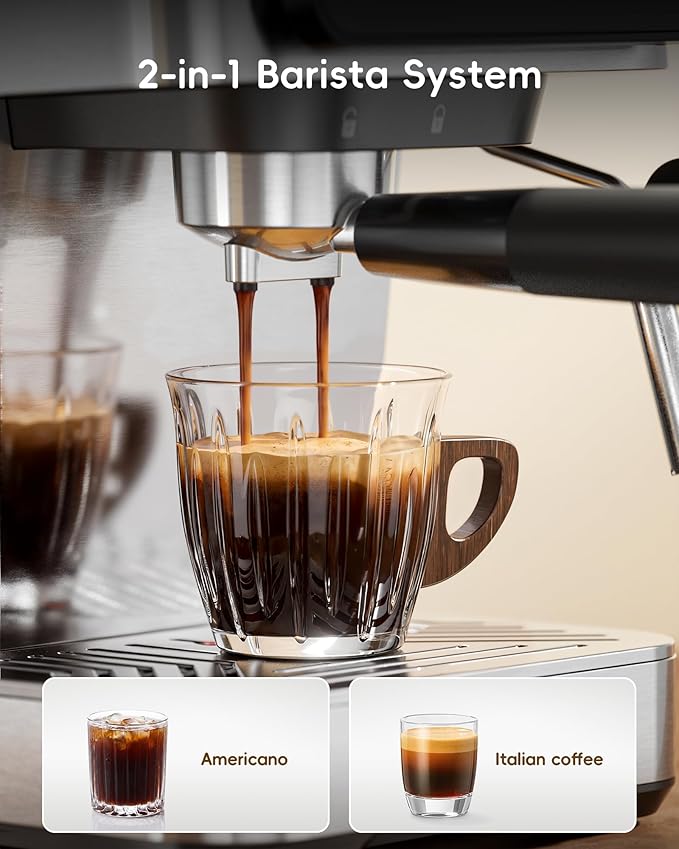ecozy 2-in-1 Espresso Machine with Milk Frother, Guided Touchscreen | Coffee Maker Combo for Brewing Barista-quality Coffee, Lattes, Cappuccinos, and Americanos at Home