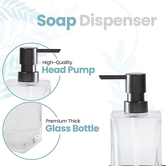 Square Glass Clear Lotion and Soap Pump Dispenser Set with Metal Stand Caddy for Bathroom Bath Kitchen Home Office Travel Hotel Hand Crafted Heavy Weight Oil Rubbed Bronze