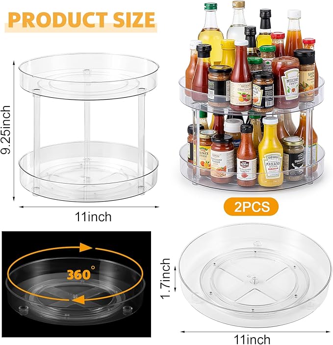 Reallnaive 3 Pcs 11" Acrylic Lazy Susan Organizer Set, 2 Tier and 1 Tier Turntable Tray for Cabinet Kitchen Countertop Pantry Table Organization Coffee Bar