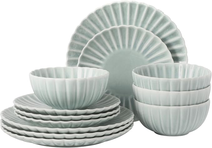 Gibson Elite Peach Orchard 12-Piece New Bone China Dinnerware Set Service for 4, Embossed Fluted Plates and Bowls, Dishwasher and Microwave Safe, Aqua Blue
