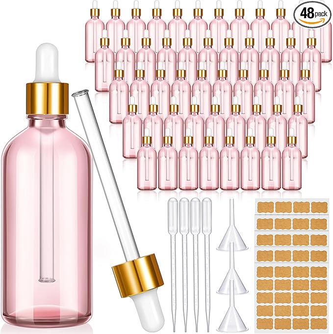 Lallisa 48 Pcs Glass Dropper Bottles with Eye Dropper Dispensers Lab Dropping Bottles with 4 Pcs Long Pipettes 4 Funnel and 80 Label for Travel Cuticle Massage Essential Oils Perfume (Pink,4 oz)