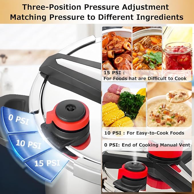 Pressure Cooker 10 QT,18/8 Stainless Steel Pressure Cooker,Olla De Presion,10/15 PSI Settings,One-Hand Locking,Compatibility Gas and Induction Cooktops, Glass Lid included
