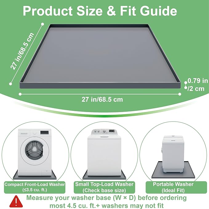 27x27 Inch Silicone Washing Machine Drain Pan – Fits Compact Washers up to 3.5 cu. ft., Waterproof Leak Protection Mat, Anti-Vibration Floor Protector, Grey