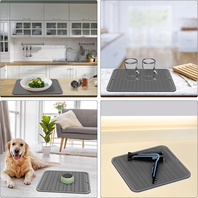ZLR 2 Pcs Silicone Dish Drying Mat & Heat Resistant Trivet (12" x 16") - Waterproof Counter Protector for Coffee Maker - Non-Slip, BPA Free Kitchen Pad, Easy Clean Dishwasher Safe (Dark Gray)