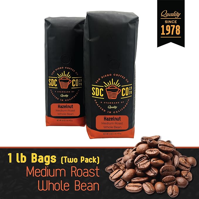 San Diego Coffee Hazelnut, Medium Roast, Whole Bean Coffee, 16-Ounce Bags (Pack of 2) Café en grano tostado