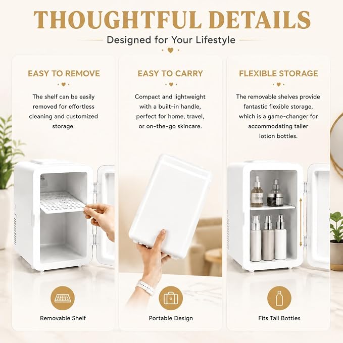 4L / 6Cans mini skincare fridge with Dimmable LED Light Mirror, Mini Fridge for Skin Care, Cosmetics, Beverage, Beauty Fridge for College Dorm, Office, Home, Car, Travel cooler and warmer (white)