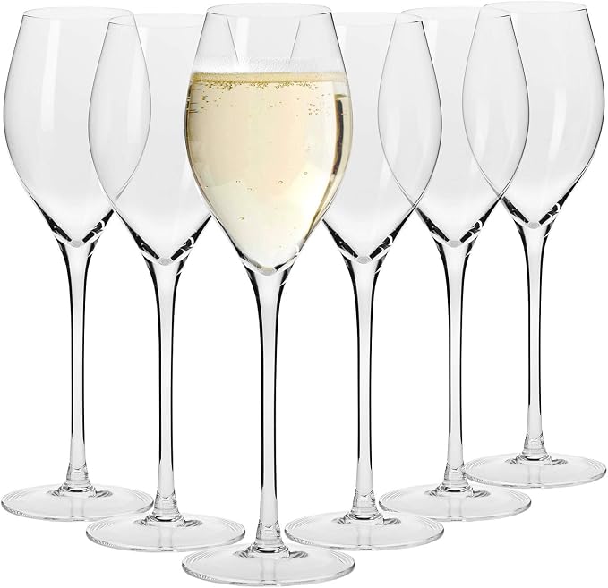 Krosno Large Prosecco Champagne Sparkling Wine Flutes, Set of 6, 9.4 fl oz, Rounded Shape for Ideal Bubbles, Dishwasher Safe, Made in Europe