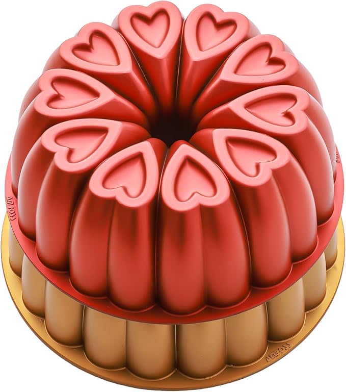 Heart Shape Aluminum Cake Pan, Titanium Coating, Non-Stick, 12 Cups, Gifts for Mom, 10 Inch Baking Mold, Cast Aluminum Fluted Tube Pan, Easy to Clean (2-Pack, Red-Gold)